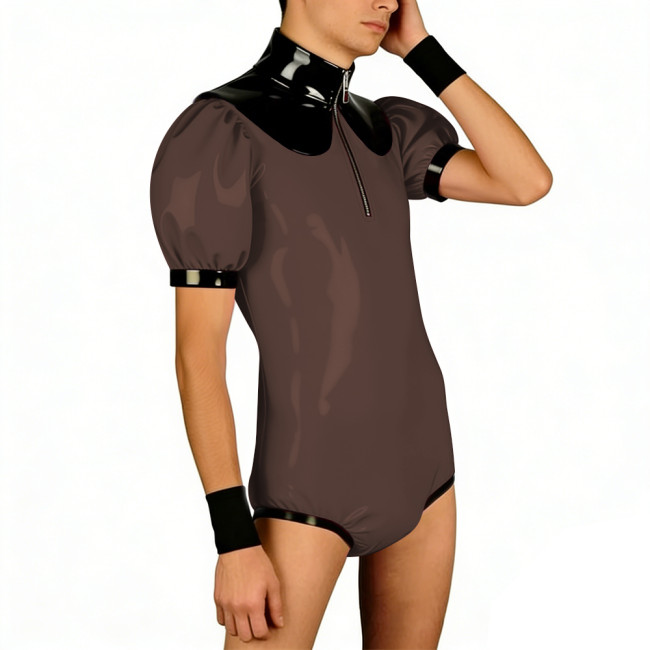 Club Glossy Latex-look Bodysuit for Men Zipper Stand Collar Puff Short Sleeve Shiny PVC Romper Fetish Patchwork Clubwear Costume