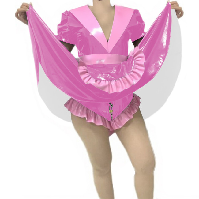 Adult Sissy Vinyl PVC Leather Skirted Bodysuit Deep V-neck Patchwork Pleated Maid Dresses Glossy Lockable Cosplay Maid Uniform