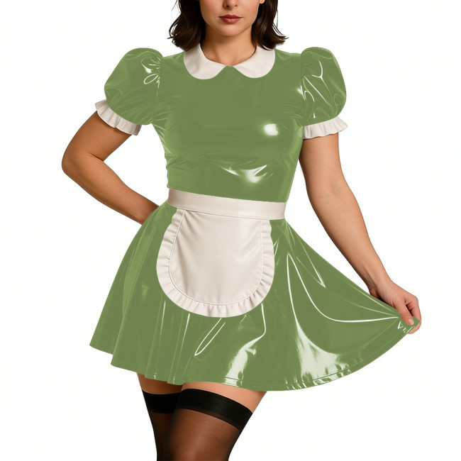 Ladies Sweet Mini Maid Dress Wetlook PVC Leather Apron Maid Uniform Halloween Party Cosplay French Butler Cook Maid Fancy Dress