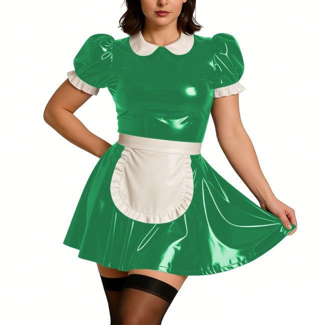 Ladies Sweet Mini Maid Dress Wetlook PVC Leather Apron Maid Uniform Halloween Party Cosplay French Butler Cook Maid Fancy Dress