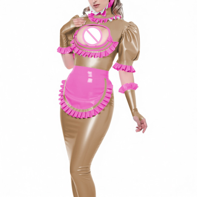 Sexy Vinyl PVC Leather Bodycon Long Maid Dress with Ruffles Collar Hollow Matching Gloves Sissy Fetish Party Cosplay Maid Outfit
