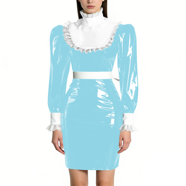 Womens Elegant Maid Pencil Dress Ruffles Collar PVC Shiny Slim Dress for Waiter Party Cosplay Costume Sissy Wetlook Maid Outfits