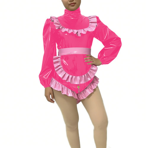 Sissy Lockable Halloween Maid Bodysuit with Ruffles Apron Long Sleeve High Neck PVC Glossy Leather Maid Rompers Cosplay Outfits