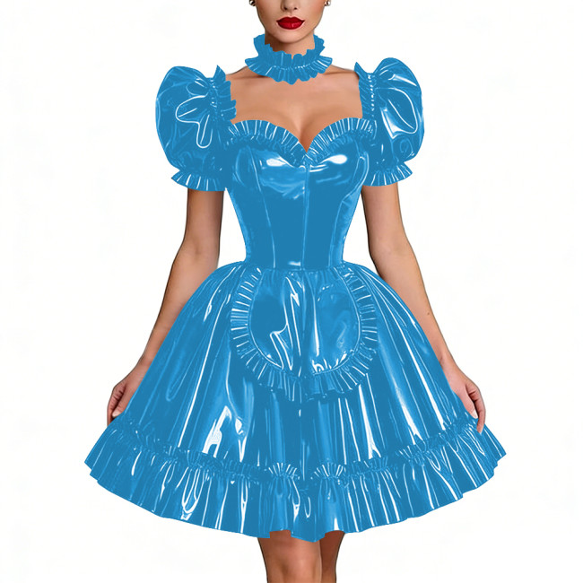 Glossy Latex-look Sissy Maid Dress French Pleated Maid Prom Dress Outfits Halloween PVC Leather Puff Sleeve Apron Party Dresses