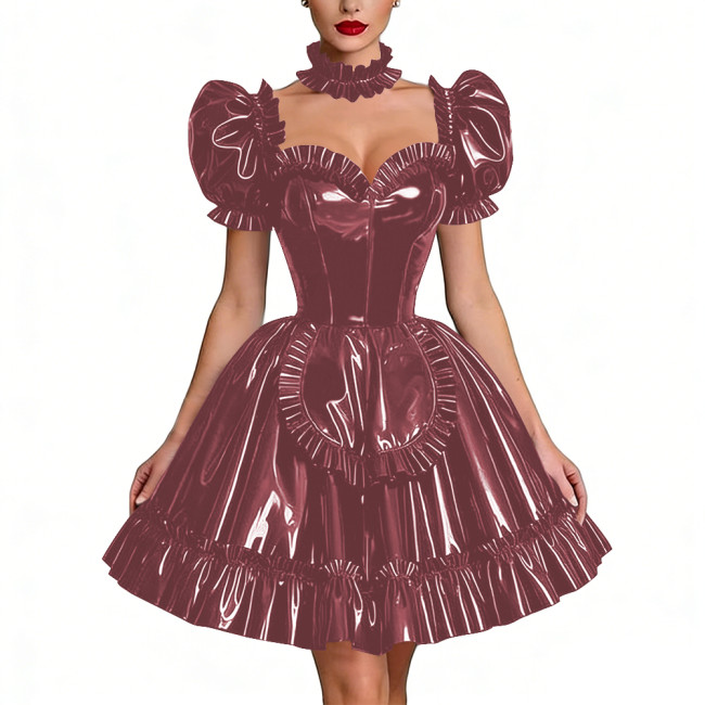 Glossy Latex-look Sissy Maid Dress French Pleated Maid Prom Dress Outfits Halloween PVC Leather Puff Sleeve Apron Party Dresses