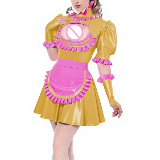 Sissy Puff Short Sleeve Pleated A-line Maid Dress with Ruffles Apron Gloves Latex-look PVC Leather Party Cosplay Maid Uniforms