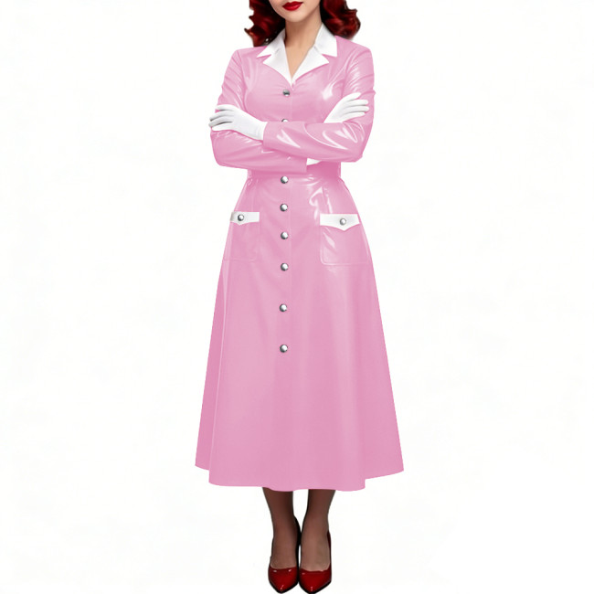 PVC Shiny Leather Single-breasted Nurse Dresses Turn-down Collar A-line Nurse Uniforms Halloween Doctor Nurse Cosplay Costume
