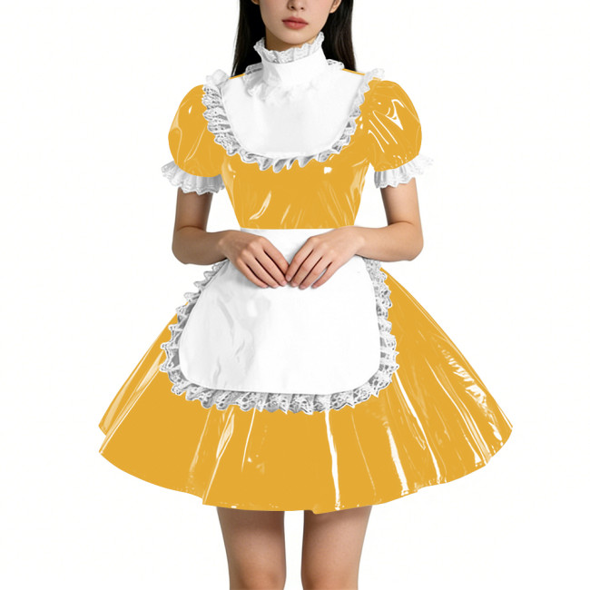 Sweet Vinyl PVC Leather Ruffles High Collar Mini Maid Dress Outfits Womens Puff Sleeve A-line Pleated Maid Uniform Crossdresser