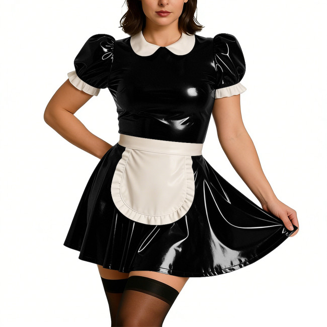 Ladies Sweet Mini Maid Dress Wetlook PVC Leather Apron Maid Uniform Halloween Party Cosplay French Butler Cook Maid Fancy Dress