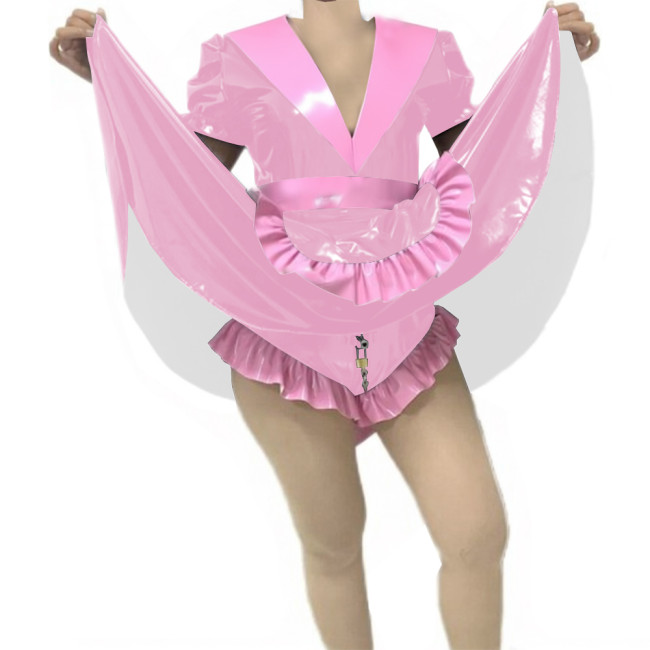 Adult Sissy Vinyl PVC Leather Skirted Bodysuit Deep V-neck Patchwork Pleated Maid Dresses Glossy Lockable Cosplay Maid Uniform