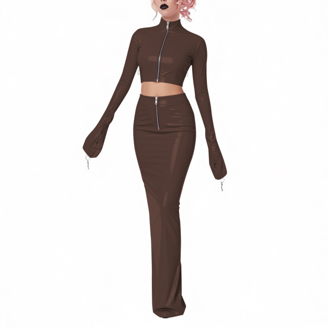Exotic Shiny Latex-look 2-Piece Set PVC Leather Zipper Full Sleeve Crop Jacket High-Waisted Maxi Skirt Womens Club Party Outfit