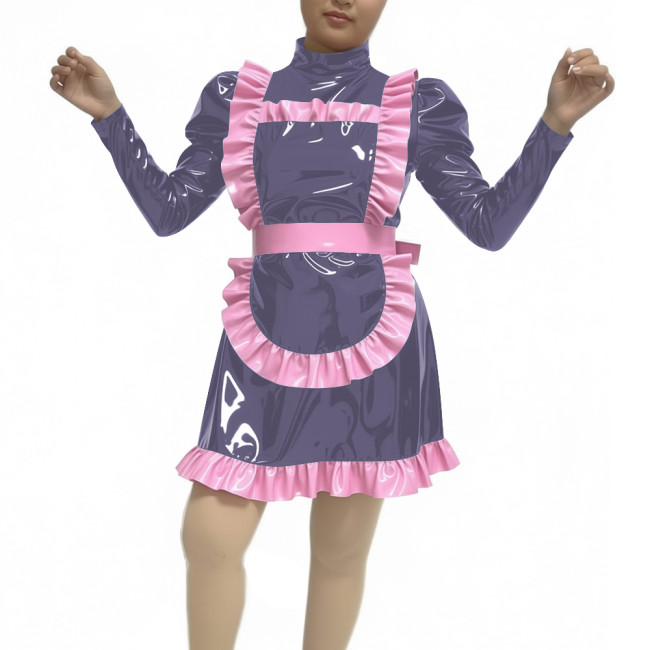 Adult Women Sexy PVC Faux Leather Maid Uniform Wetlook Long Sleeve A-line Maid Outfit Halloween Cosplay Party Fancy Maid Costume