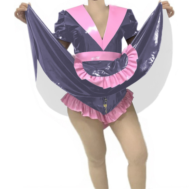 Adult Sissy Vinyl PVC Leather Skirted Bodysuit Deep V-neck Patchwork Pleated Maid Dresses Glossy Lockable Cosplay Maid Uniform