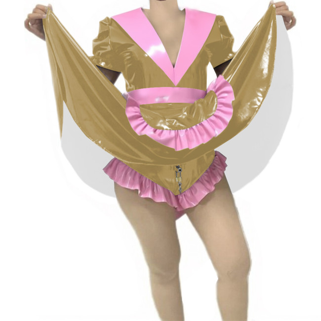 Adult Sissy Vinyl PVC Leather Skirted Bodysuit Deep V-neck Patchwork Pleated Maid Dresses Glossy Lockable Cosplay Maid Uniform