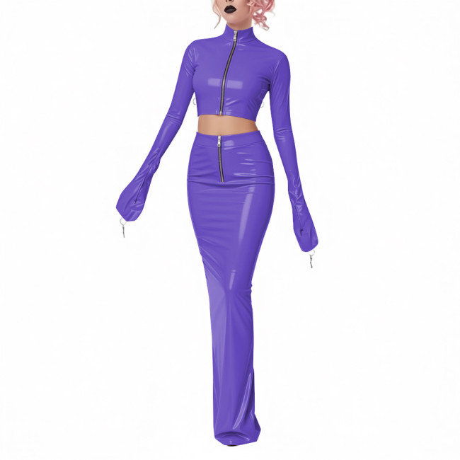 Exotic Shiny Latex-look 2-Piece Set PVC Leather Zipper Full Sleeve Crop Jacket High-Waisted Maxi Skirt Womens Club Party Outfit