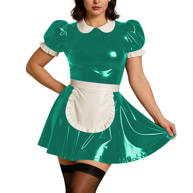 Ladies Sweet Mini Maid Dress Wetlook PVC Leather Apron Maid Uniform Halloween Party Cosplay French Butler Cook Maid Fancy Dress