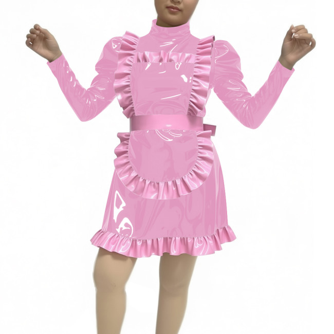Adult Women Sexy PVC Faux Leather Maid Uniform Wetlook Long Sleeve A-line Maid Outfit Halloween Cosplay Party Fancy Maid Costume
