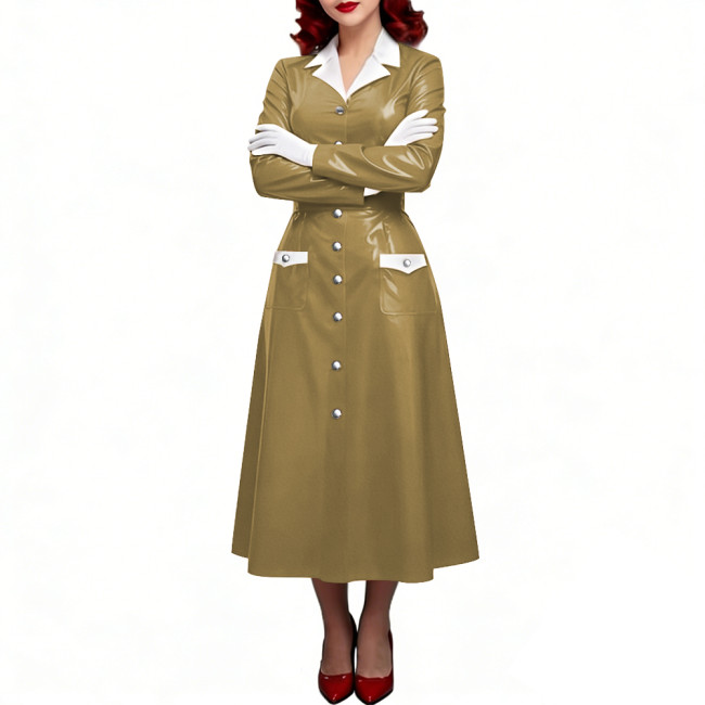 PVC Shiny Leather Single-breasted Nurse Dresses Turn-down Collar A-line Nurse Uniforms Halloween Doctor Nurse Cosplay Costume