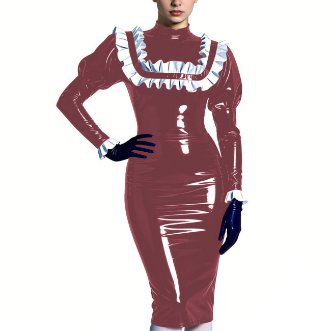 High Neck Puff Sleeve Glossy Bodycon Midi Dress Womens Ruffles Trim Sexy Club Party Dresses Shiny Fashion Fetish Outfit S-7XL