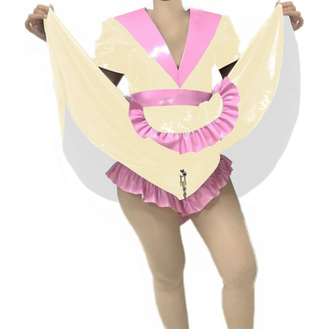 Adult Sissy Vinyl PVC Leather Skirted Bodysuit Deep V-neck Patchwork Pleated Maid Dresses Glossy Lockable Cosplay Maid Uniform