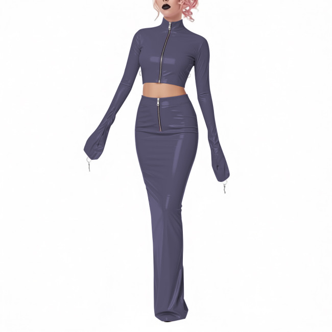 Exotic Shiny Latex-look 2-Piece Set PVC Leather Zipper Full Sleeve Crop Jacket High-Waisted Maxi Skirt Womens Club Party Outfit