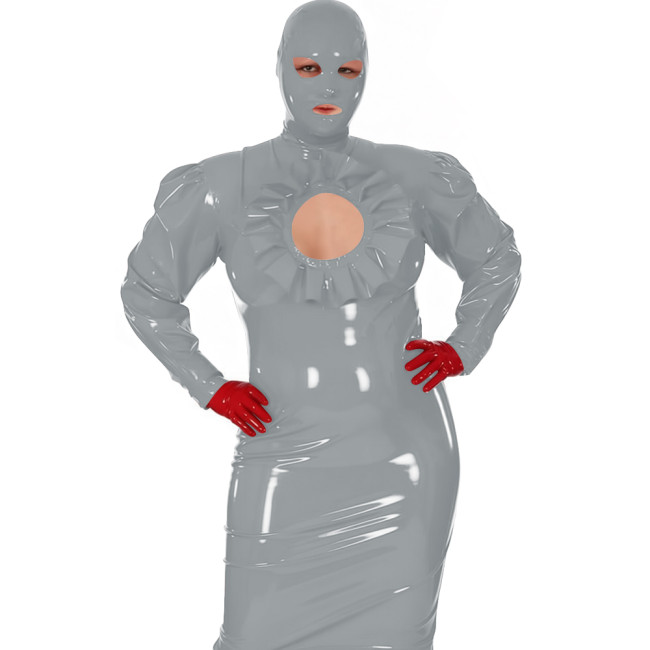 Latex-look PVC Maxi Dress for Women Glossy Long-Sleeve Bodycon Gown with Ruffle Cutout Sexy Club Party Shiny Erotic Hooded Dress