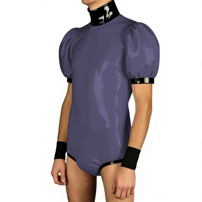 Mens Glossy Puff Sleeves PVC Bodysuit High Neck Patchwork Vinyl Leather One-piece Rompers Wetlook Male Leotard Party Clubwear