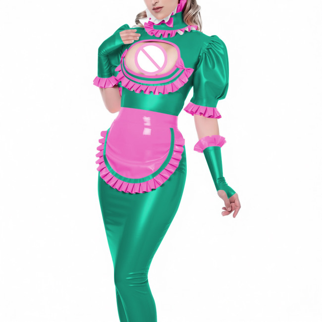 Sexy Vinyl PVC Leather Bodycon Long Maid Dress with Ruffles Collar Hollow Matching Gloves Sissy Fetish Party Cosplay Maid Outfit