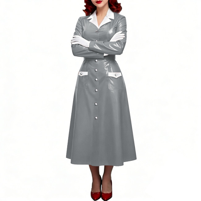PVC Shiny Leather Single-breasted Nurse Dresses Turn-down Collar A-line Nurse Uniforms Halloween Doctor Nurse Cosplay Costume