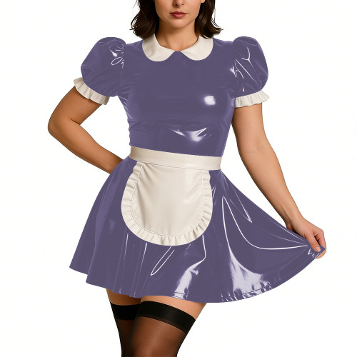 Ladies Sweet Mini Maid Dress Wetlook PVC Leather Apron Maid Uniform Halloween Party Cosplay French Butler Cook Maid Fancy Dress