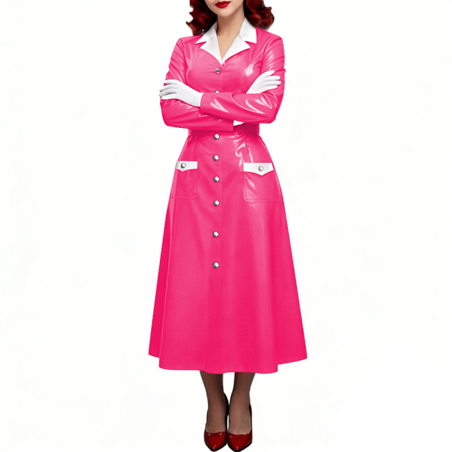 PVC Shiny Leather Single-breasted Nurse Dresses Turn-down Collar A-line Nurse Uniforms Halloween Doctor Nurse Cosplay Costume