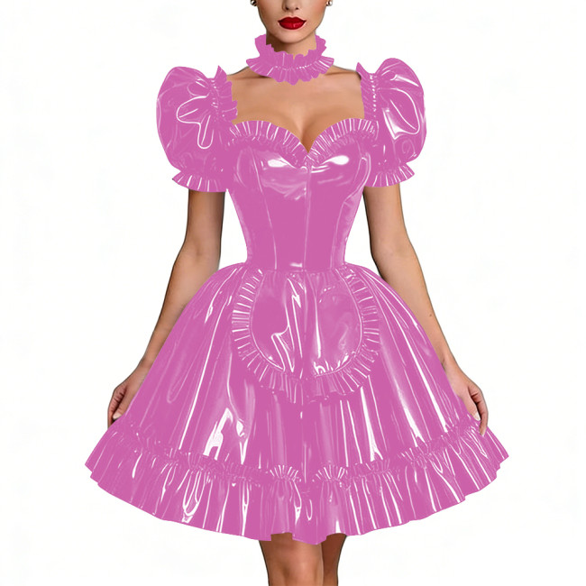 Glossy Latex-look Sissy Maid Dress French Pleated Maid Prom Dress Outfits Halloween PVC Leather Puff Sleeve Apron Party Dresses