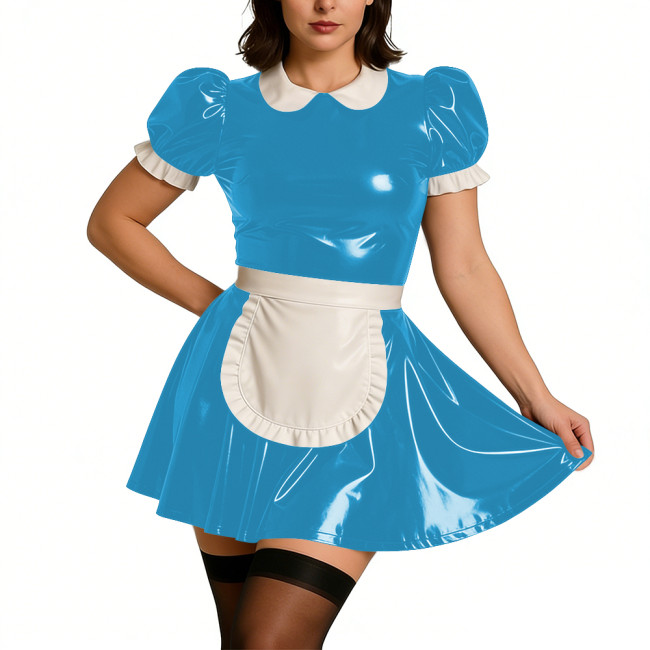 Ladies Sweet Mini Maid Dress Wetlook PVC Leather Apron Maid Uniform Halloween Party Cosplay French Butler Cook Maid Fancy Dress