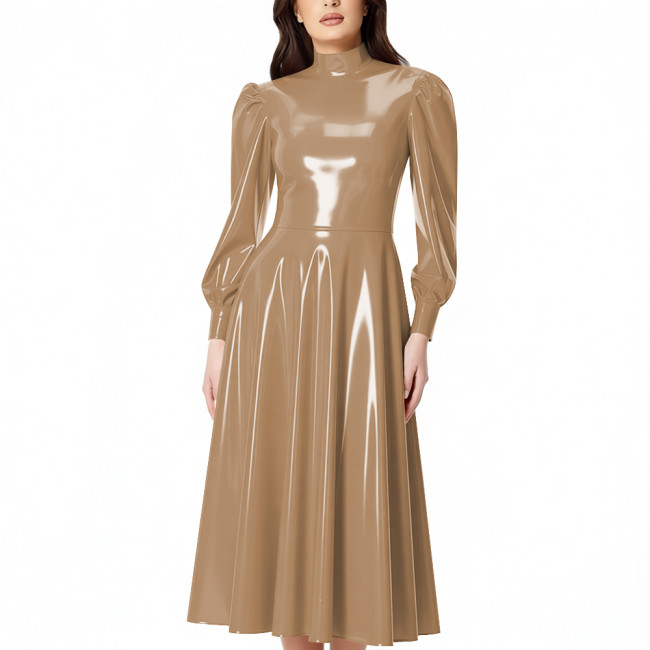 PVC Glossy Latex-look Midi Dress for Women High Neck Puff Long Sleeve Shiny Party Dress Gown Ladies Pleated Dresses Clubwear