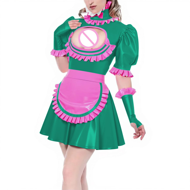 Sissy Puff Short Sleeve Pleated A-line Maid Dress with Ruffles Apron Gloves Latex-look PVC Leather Party Cosplay Maid Uniforms