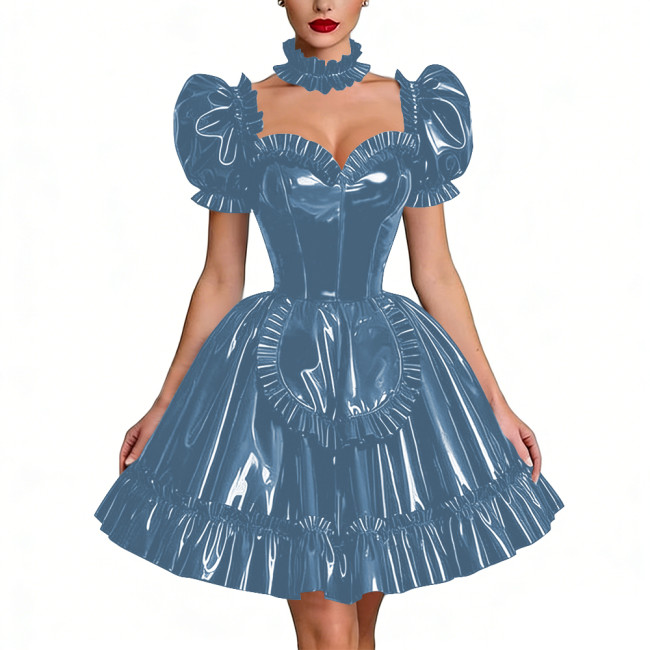 Glossy Latex-look Sissy Maid Dress French Pleated Maid Prom Dress Outfits Halloween PVC Leather Puff Sleeve Apron Party Dresses