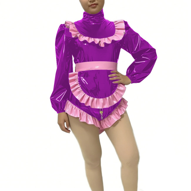 Sissy Lockable Halloween Maid Bodysuit with Ruffles Apron Long Sleeve High Neck PVC Glossy Leather Maid Rompers Cosplay Outfits