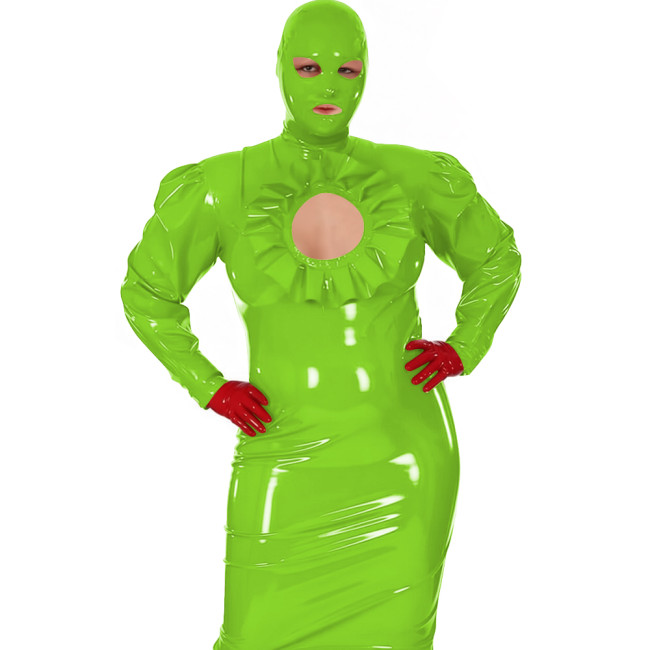 Latex-look PVC Maxi Dress for Women Glossy Long-Sleeve Bodycon Gown with Ruffle Cutout Sexy Club Party Shiny Erotic Hooded Dress