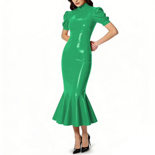 Glossy PVC Leather Turtleneck Midi Mermaid Dress for Womens Shiny Elegant Party Formal Flared Hem Dresses Gown Female Vestidos