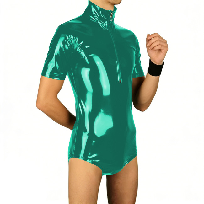 Mens Latex-look PVC Leather Bodysuit Solid Color Short Sleeve Glossy Male Rompers Wetlook Clubwear Fetish Party Cosplay Leotard