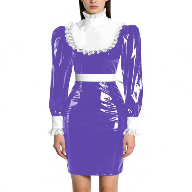 Womens Elegant Maid Pencil Dress Ruffles Collar PVC Shiny Slim Dress for Waiter Party Cosplay Costume Sissy Wetlook Maid Outfits