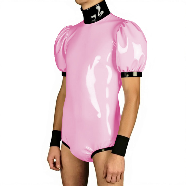 Mens Glossy Puff Sleeves PVC Bodysuit High Neck Patchwork Vinyl Leather One-piece Rompers Wetlook Male Leotard Party Clubwear