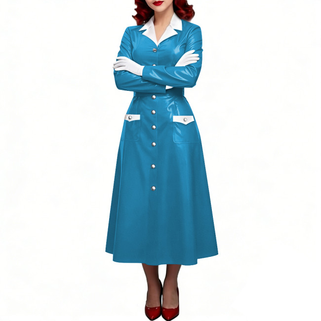 PVC Shiny Leather Single-breasted Nurse Dresses Turn-down Collar A-line Nurse Uniforms Halloween Doctor Nurse Cosplay Costume