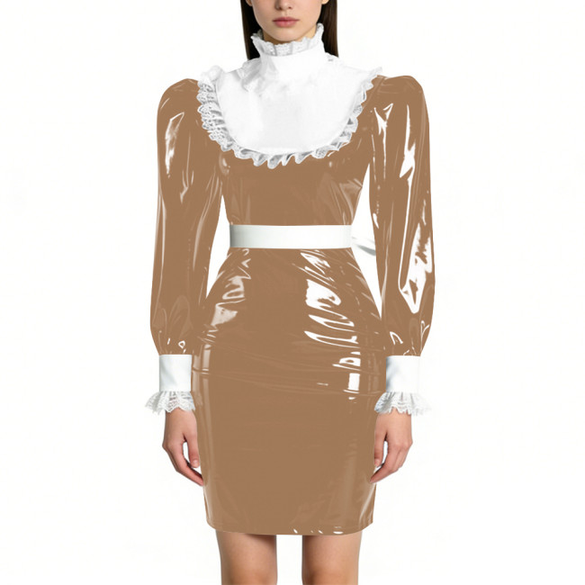 Womens Elegant Maid Pencil Dress Ruffles Collar PVC Shiny Slim Dress for Waiter Party Cosplay Costume Sissy Wetlook Maid Outfits