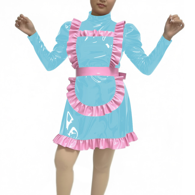 Adult Women Sexy PVC Faux Leather Maid Uniform Wetlook Long Sleeve A-line Maid Outfit Halloween Cosplay Party Fancy Maid Costume