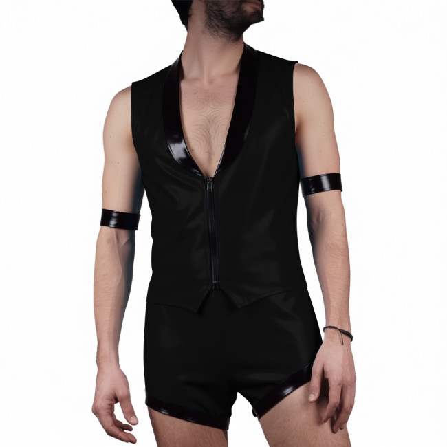 Mens Glossy PVC Leather Club Two-piece Outfit Wetlook Lapel Collar Sleeveless Jackets High Waist Shorts for Party Nightclub Wear