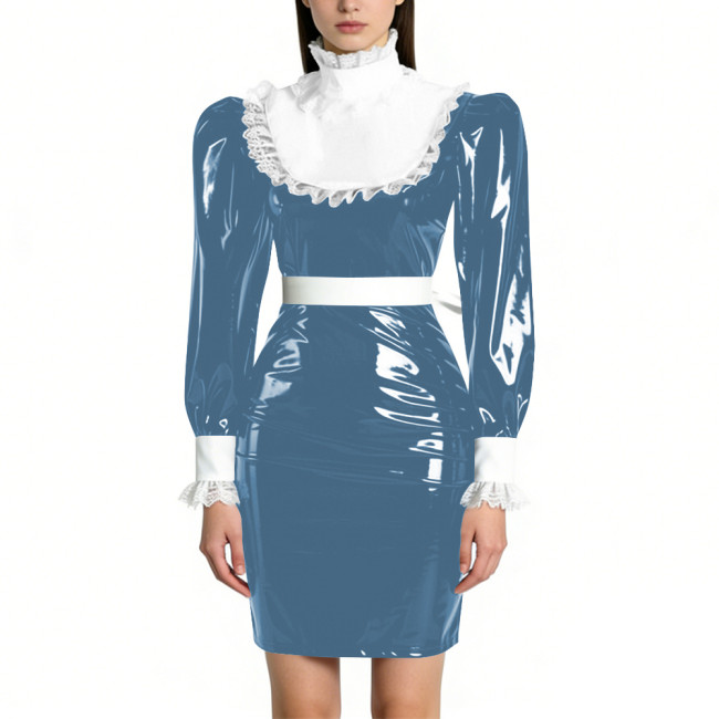 Womens Elegant Maid Pencil Dress Ruffles Collar PVC Shiny Slim Dress for Waiter Party Cosplay Costume Sissy Wetlook Maid Outfits