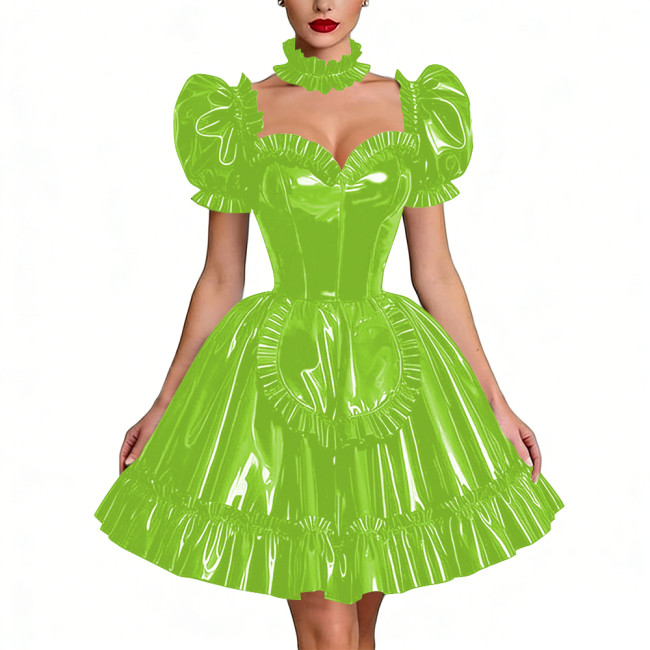 Glossy Latex-look Sissy Maid Dress French Pleated Maid Prom Dress Outfits Halloween PVC Leather Puff Sleeve Apron Party Dresses