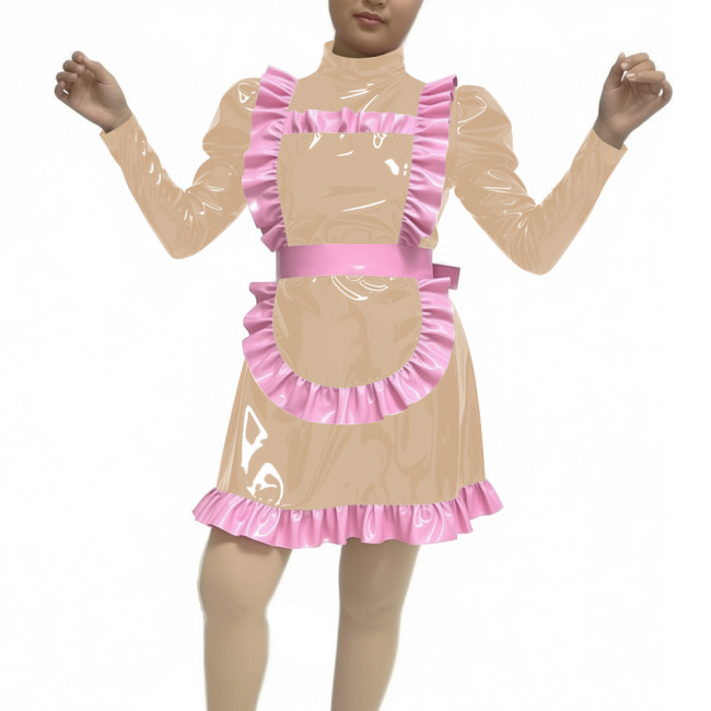 Adult Women Sexy PVC Faux Leather Maid Uniform Wetlook Long Sleeve A-line Maid Outfit Halloween Cosplay Party Fancy Maid Costume