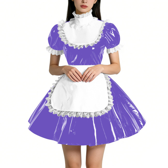 Sweet Vinyl PVC Leather Ruffles High Collar Mini Maid Dress Outfits Womens Puff Sleeve A-line Pleated Maid Uniform Crossdresser